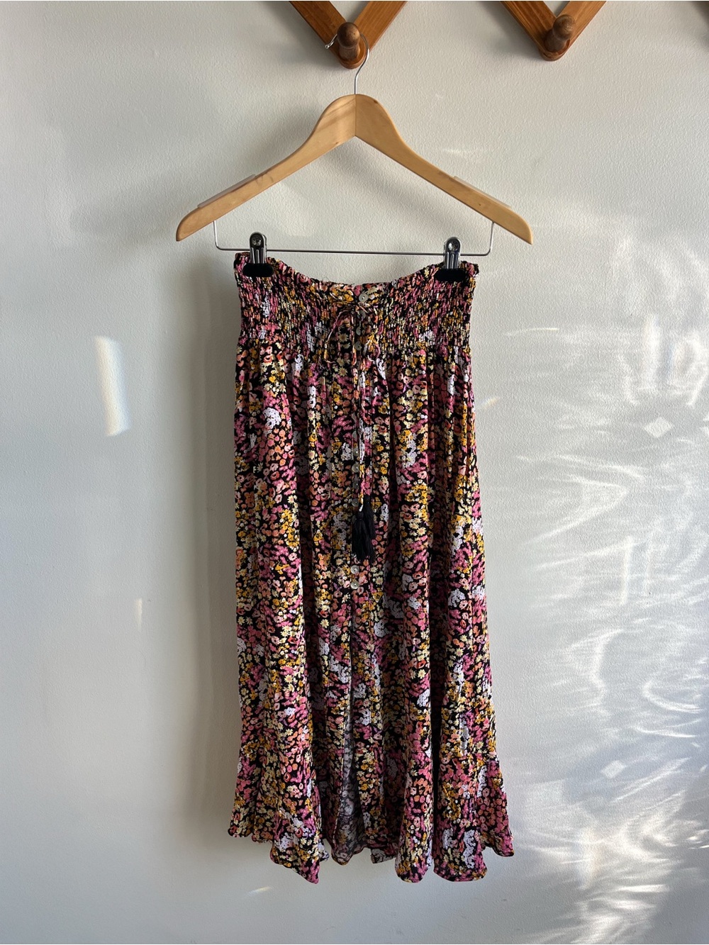 Smocked Waist Floral Midi Skirt in Pink & Black